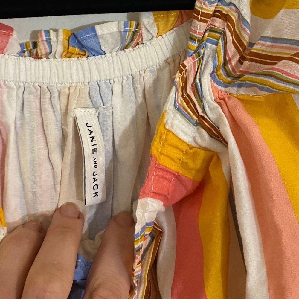 Janie and Jack Girls Size 8 Colorful Cotton Striped Ruffle Bubble Sleeve Romper - Picture 4 of 7
